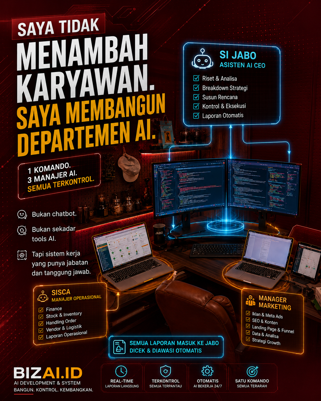 Struktur komando Jabo, Sisca, dan manajer AI lintas komputer di bizai.id