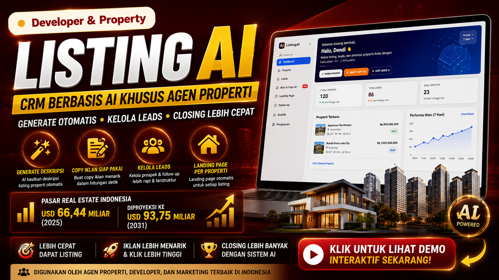 Dashboard ListingAI untuk agen properti