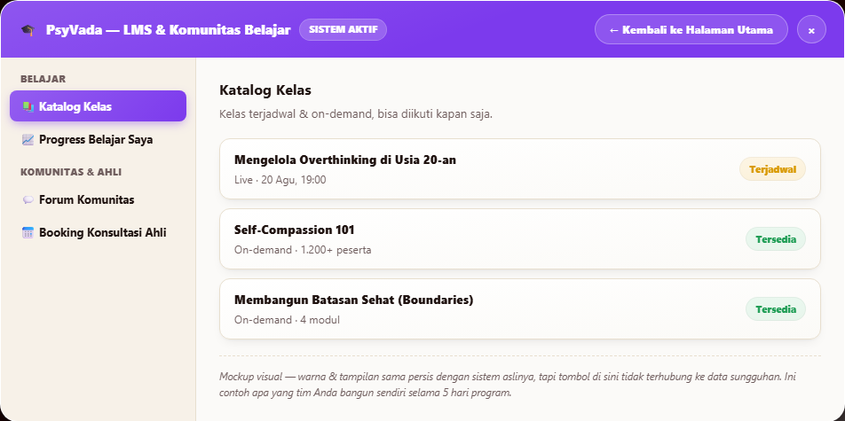 Dashboard PsyVada LMS dan komunitas belajar