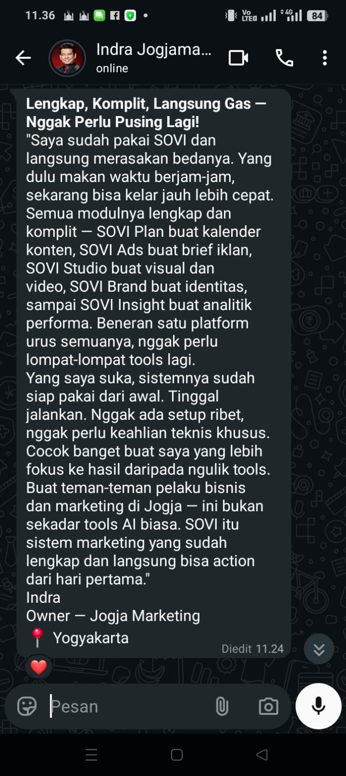 Testimoni pengguna SOVI — konten sebulan kelar 1 jam